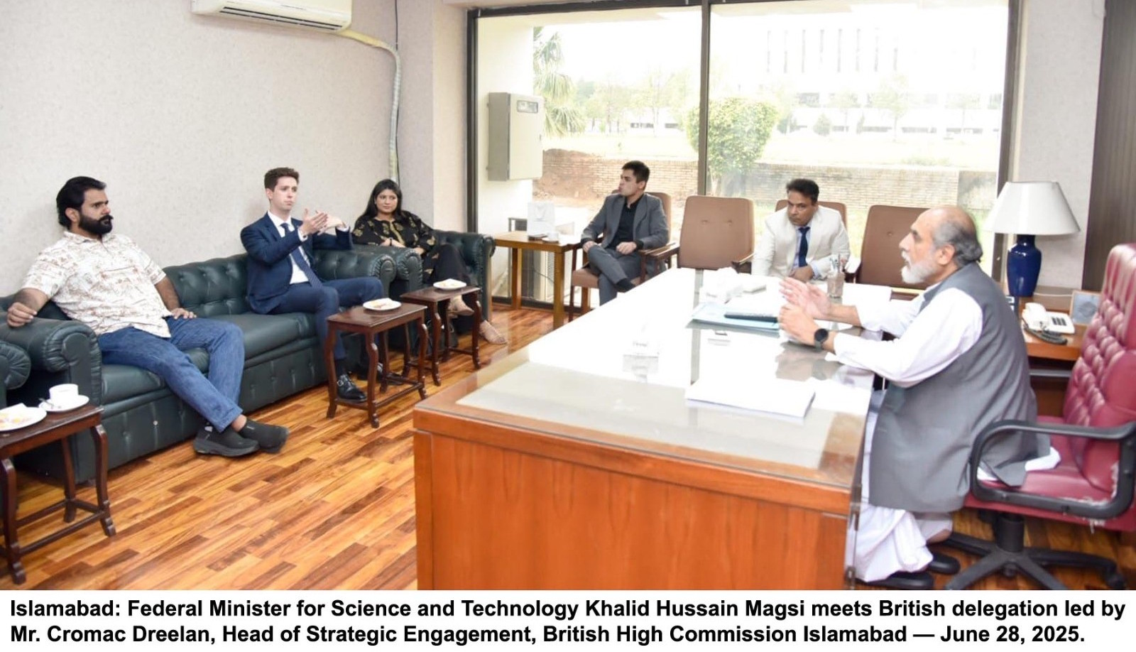 Islamabad – Federal Minister for Science and Technology Khalid Hussain Magsi met with a delegation from the British High Commission led by Mr. Cromac Dreelan. He reaffirmed Pakistan’s image as a responsible and peace-loving nation. – 28 June 2025