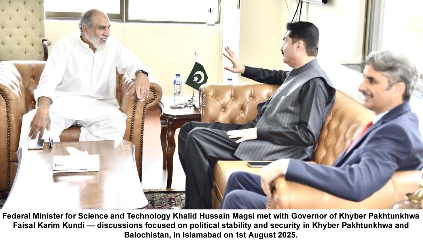 Governor KP Faisal Karim Kundi met Federal Minister for Science & Technology Khalid Hussain Magsi. They discussed political stability, development, and security. Magsi stressed balanced uplift of KP & Balochistan to end deprivation and ensure national unity.